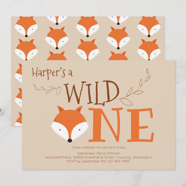 Wild One Fox Animal First Birthday Invitation (Front/Back)