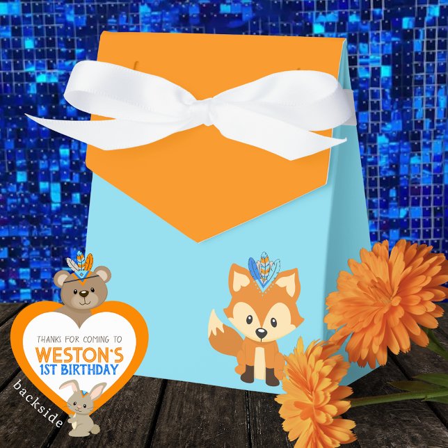 Wild One Fox Baby Blue & Orange Treat Favour Boxes (One Happy Camper Wild One Forest Fox Favor Boxes in Baby Blue and Orange. Personalized Backside.)