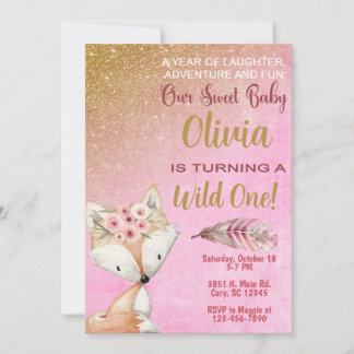 Wild One fox woodland 1st first birthday invite. Invitation