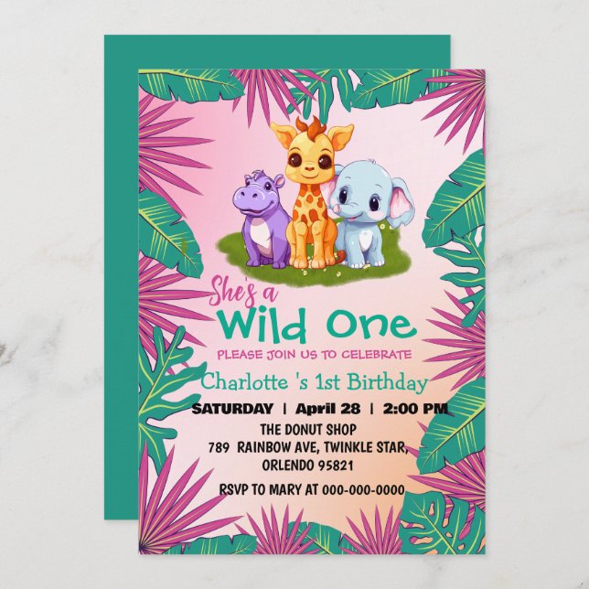 Wild One Giraffe Hippo jungle 1st Animal Birthday Invitation (Front/Back)