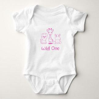 "Wild One" Giraffe, Lion, Hippo Pink Outline Baby Bodysuit