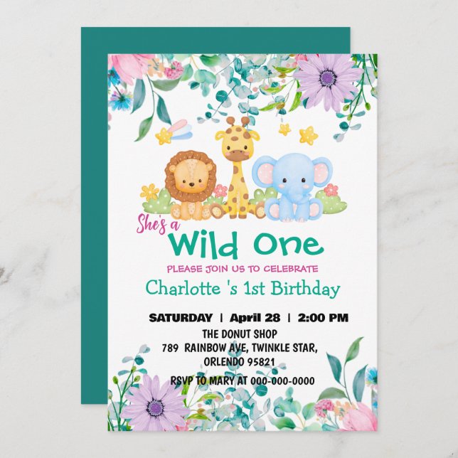 Wild One Giraffe Zoo jungle 1st Animals Birthday Invitation (Front/Back)