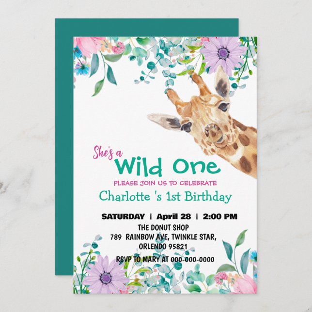 Wild One Giraffe Zoo jungle 1st Animals Birthday Invitation (Front/Back)
