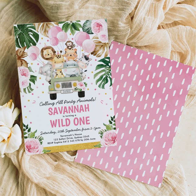 Wild One Girl 1st Birthday Jungle Safari Animals Invitation (Creator Uploaded)