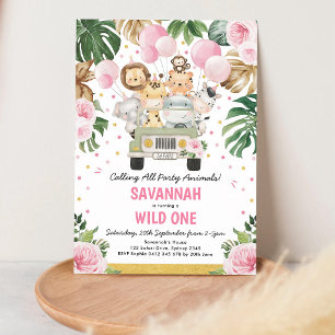 Wild One Girl 1st Birthday Jungle Safari Invitation