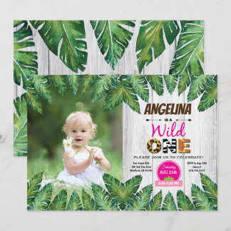 Wild one girl 1st birthday party photo invitation