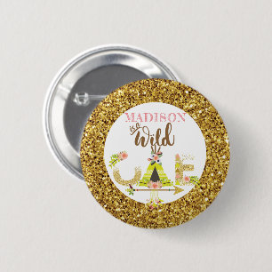 Wild One Girl First Birthday Personalized gold 6 Cm Round Badge
