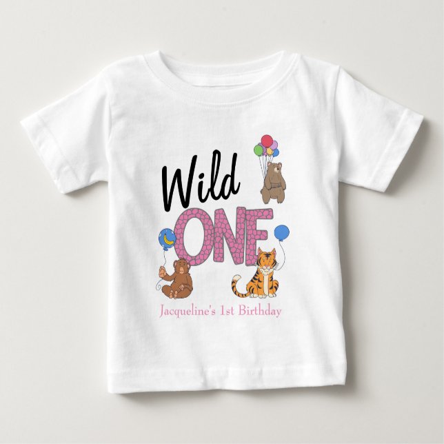Wild One Girl First Birthday Safari Jungle Animals Baby T-Shirt (Front)