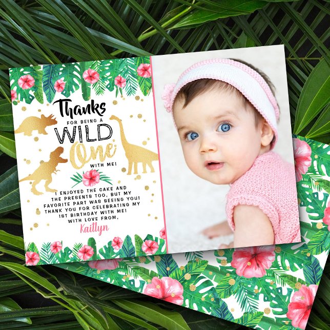 Wild One Girls Dinosaur First Birthday Photo Thank You Card (Creator Uploaded)