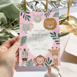 Wild One Girls' Safari Pink 1st Birthday Invitation