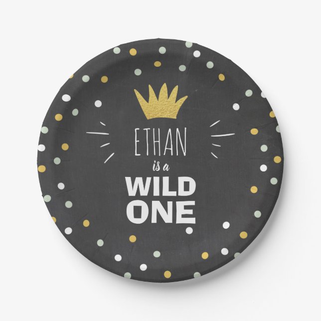 Wild One Gold Black First birthday Paper Plates (Front)