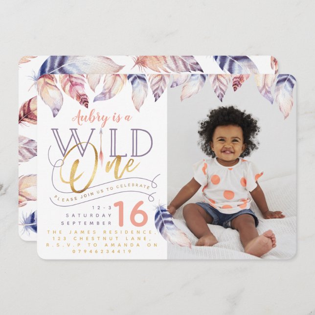 Wild one gold effect photo birthday invitation. invitation (Front/Back)