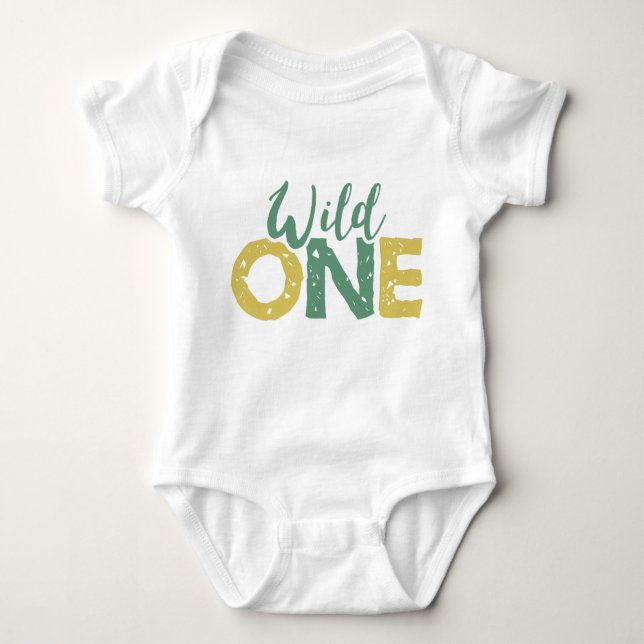 Wild One Gold Green Safari Animals Jungle Birthday Baby Bodysuit (Front)