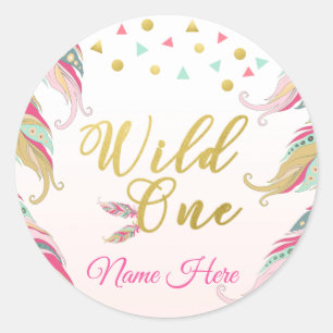 Wild One Gold Pink Green Feather Sticker