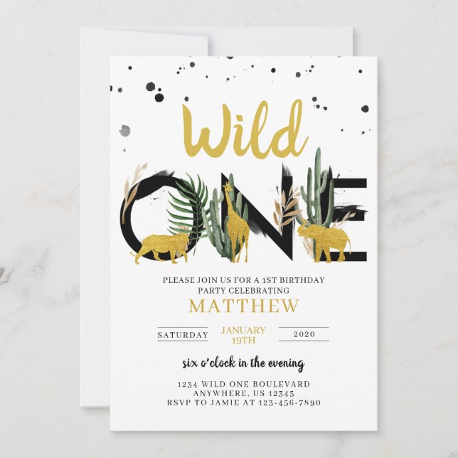 Wild One Gold Safari Birthday Invitation (Front)