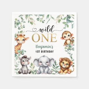 Wild One Gold Safari Jungle Animals 1st Birthday Napkin