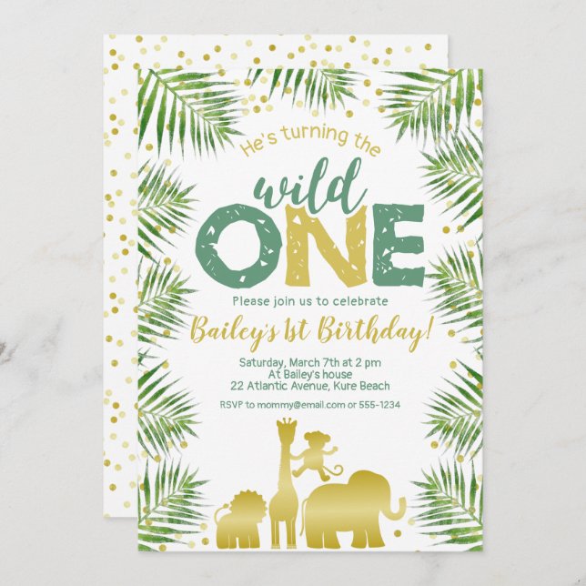 Wild One Green Gold Safari Animals 1st Birthday Invitation (Front/Back)