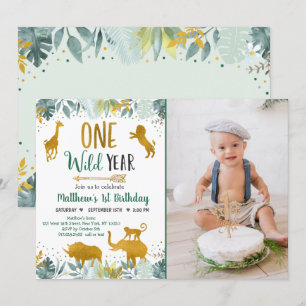 Wild One Greenery Gold Safari Birthday Invitation