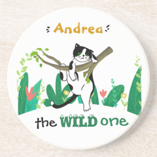 Wild One Greenery Safari Kitty Cat Kids Birthday Coaster