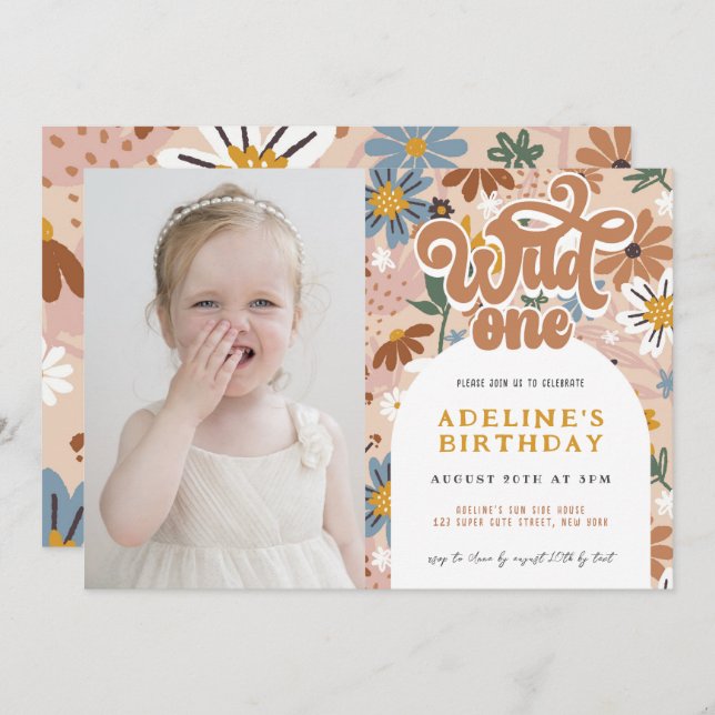 Wild One Groovy Boho Floral 1st Birthday Photo Invitation (Front/Back)