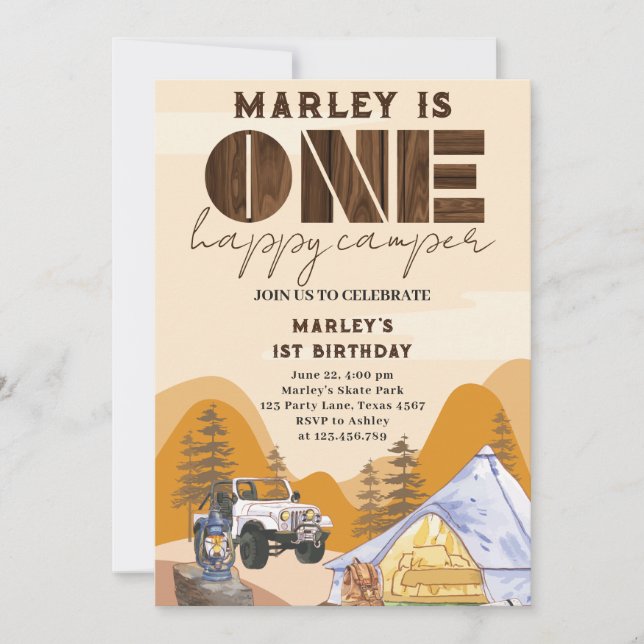 wild One Happy Camper Woodland 1st birthday Invitation (Front)