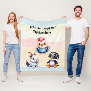 Wild One Happy Fun Woodland Animals Watercolor Fleece Blanket