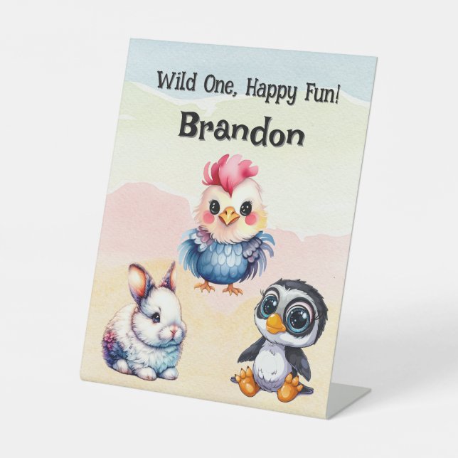 Wild One Happy Fun Woodland Animals Watercolor Pedestal Sign (Front)
