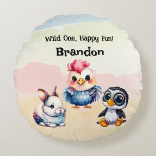 Wild One Happy Fun Woodland Animals Watercolor Round Cushion