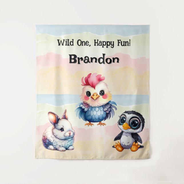 Wild One Happy Fun Woodland Animals Watercolor Tapestry (Front)
