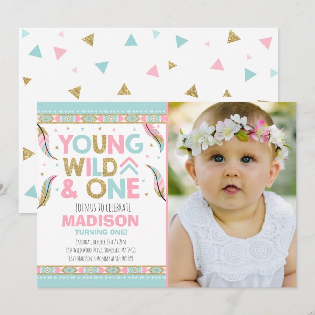 Wild One Invitation Boho Feather Wild One Party (Front/Back)