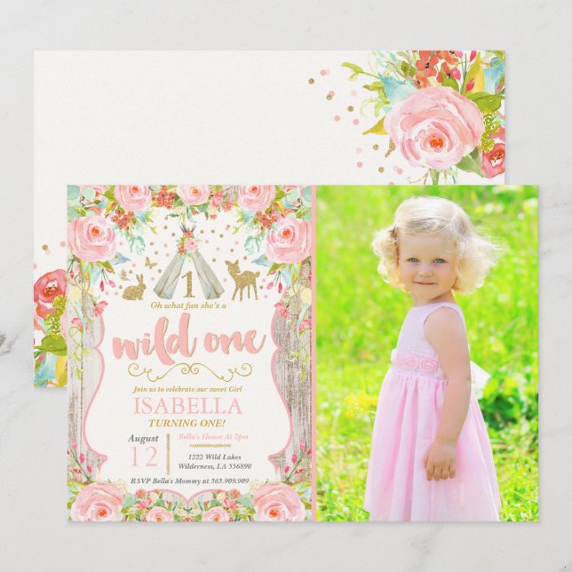 Wild One Invitation Girl Wild One 1st Birthday (Front/Back)