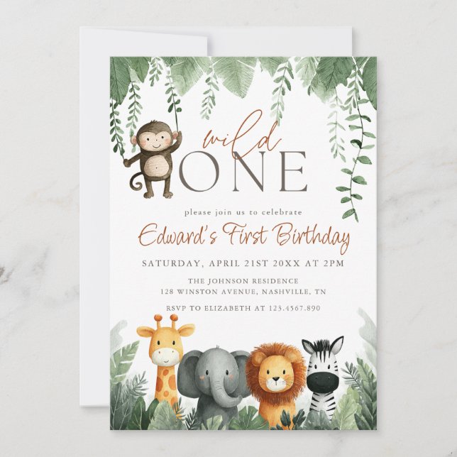 Wild One Jungle 1st Birthday Invitation (Front)