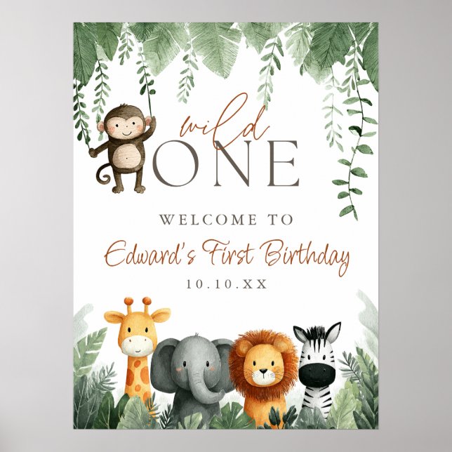 Wild One Jungle 1st Birthday Welcome Sign (Front)