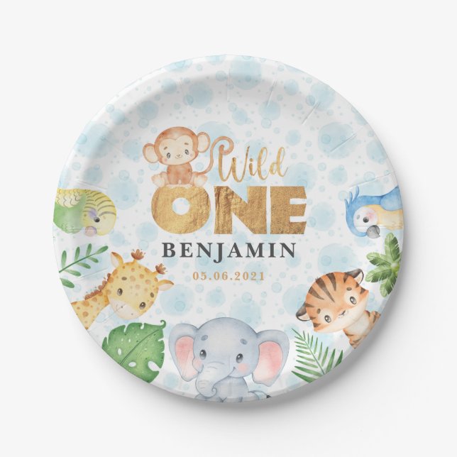 Wild One Jungle Animals 1st Birthday Party Paper P Plate (Front)
