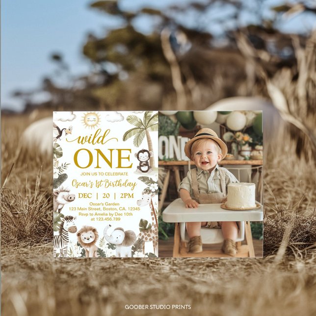 Wild One Jungle Animals 1st Birthday Party Photo Invitation (Creator Uploaded)