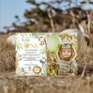 Wild One Jungle Animals 1st Birthday Photo Invitation