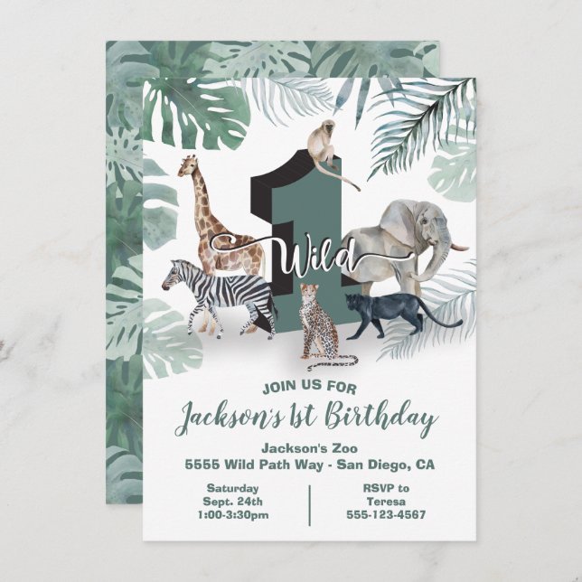 Wild One Jungle Animals Birthday Party Invitation (Front/Back)