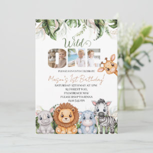 Wild One Jungle Animals Boy Photo 1st Birthday Invitation
