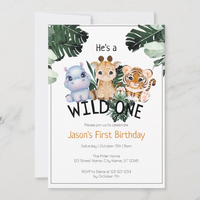Wild One Jungle Animals & Greenery Birthday Card (Front)