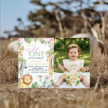 Wild One Jungle Animals Pink Floral Birthday Photo