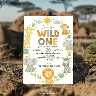 Wild One Jungle Animals Safari 1st Birthday Invitation