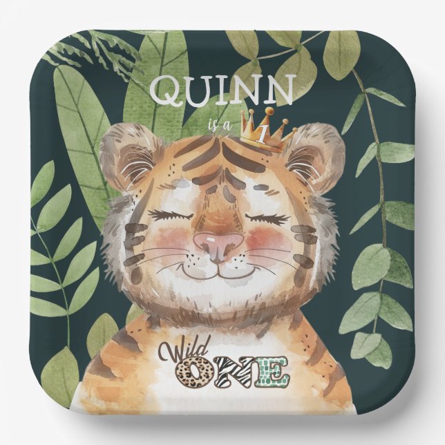 Wild One Jungle Animals Safari 1st Birthday Paper Plate (Front)