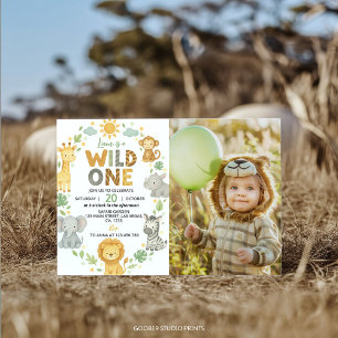 Wild One Jungle Animals Safari 1st Birthday Photo Invitation