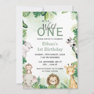 Wild One Jungle Boy 1st Birthday Photo Invitation