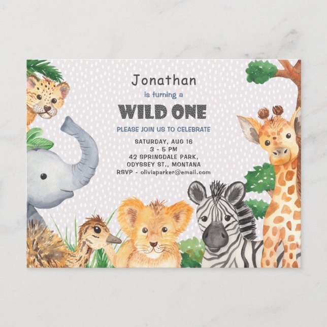 Wild One Jungle Camping Theme 1st Birthday Invite Postcard (Front)