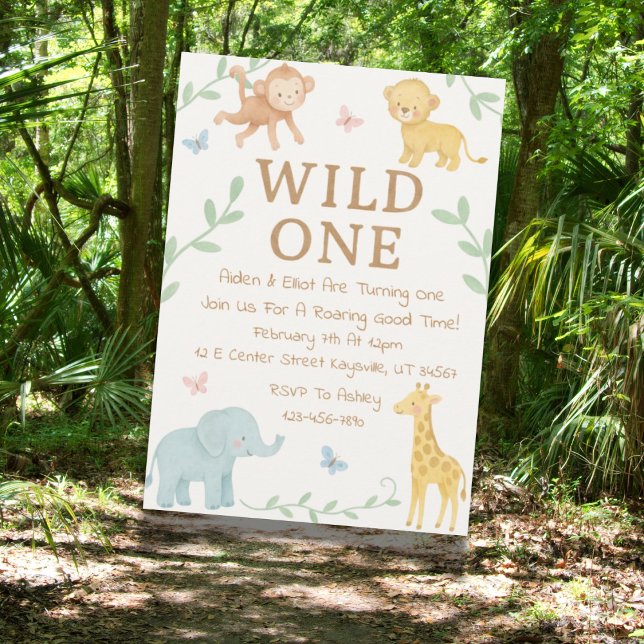 Wild One Jungle First Birthday Invitation  (Wild One jungle-themed first birthday invitation design with tropical safari elements.)