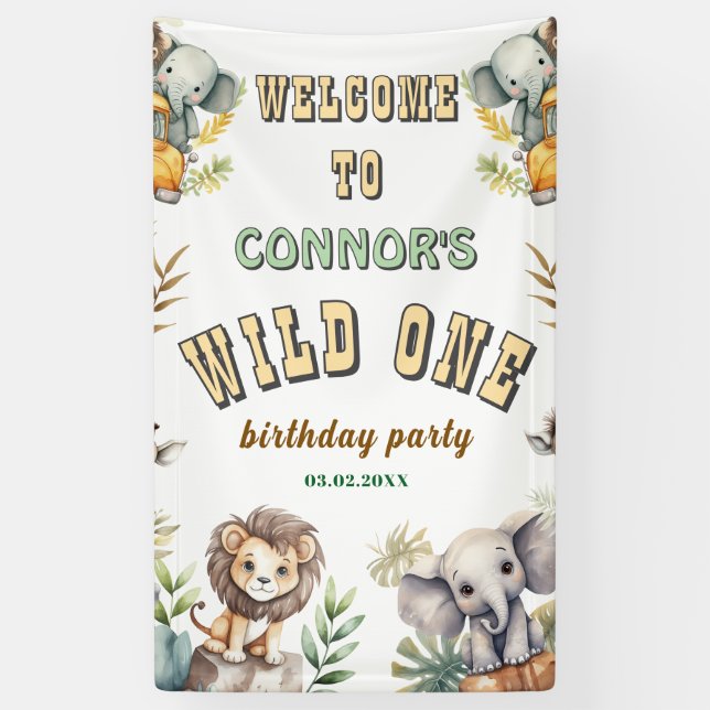 Wild one jungle first birthday party Banner (Vertical)