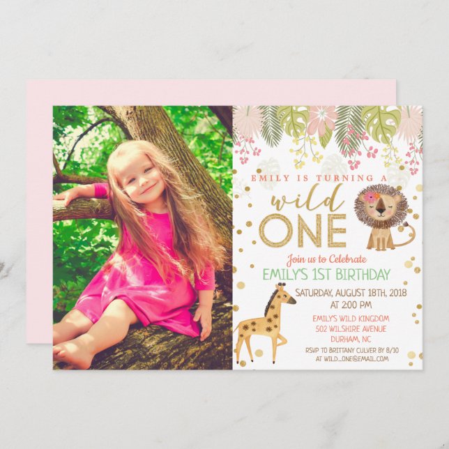 WILD ONE Jungle Girl 1st Birthday Invitation (Front/Back)