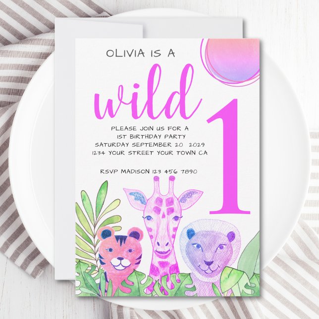 Wild One Jungle Greenery Girl's 1st Birthday Party Invitation (Creator Uploaded)