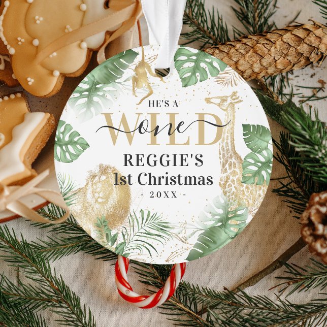 Wild One Jungle Greenery & Gold 1st Christmas Ornament (Creator Uploaded)